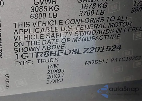 2020 GMC Sierra 2Wd Standard Box Sle z USA, uszkodzony, nr VIN 1GTR8BED8LZ201524